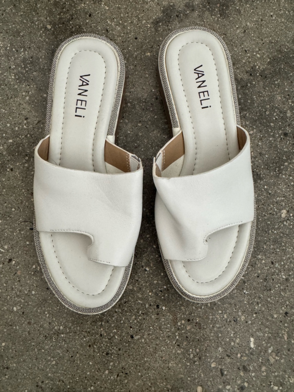 Vaneli White Slide Sandals with Silver Trim